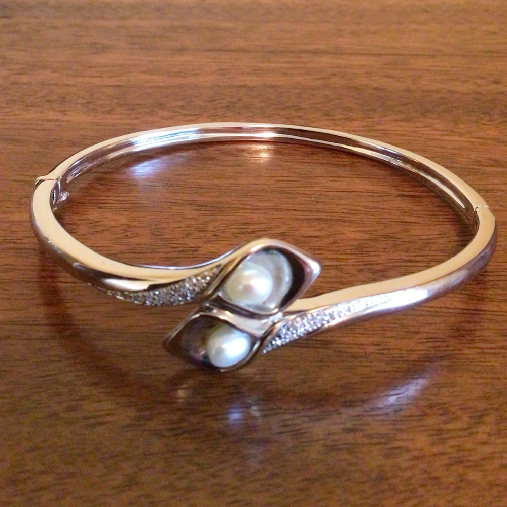 Sterling Silver & 14K Gold Pearl with Diamond Accent Hinged Bangle Bracelet